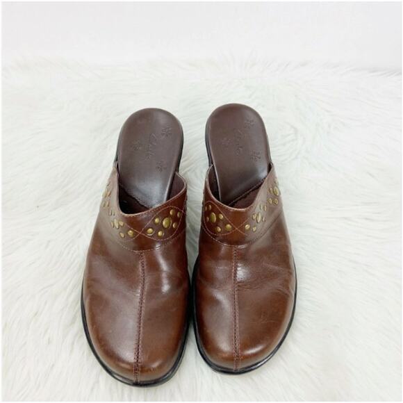 Clarks Brown Leather Clogs Size 7 M Women Studded Comfort Slip-On Mule Heels - Picture 7 of 11